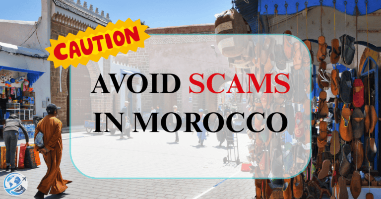 Travelers in Morocco avoiding scams with local market stalls in the background.